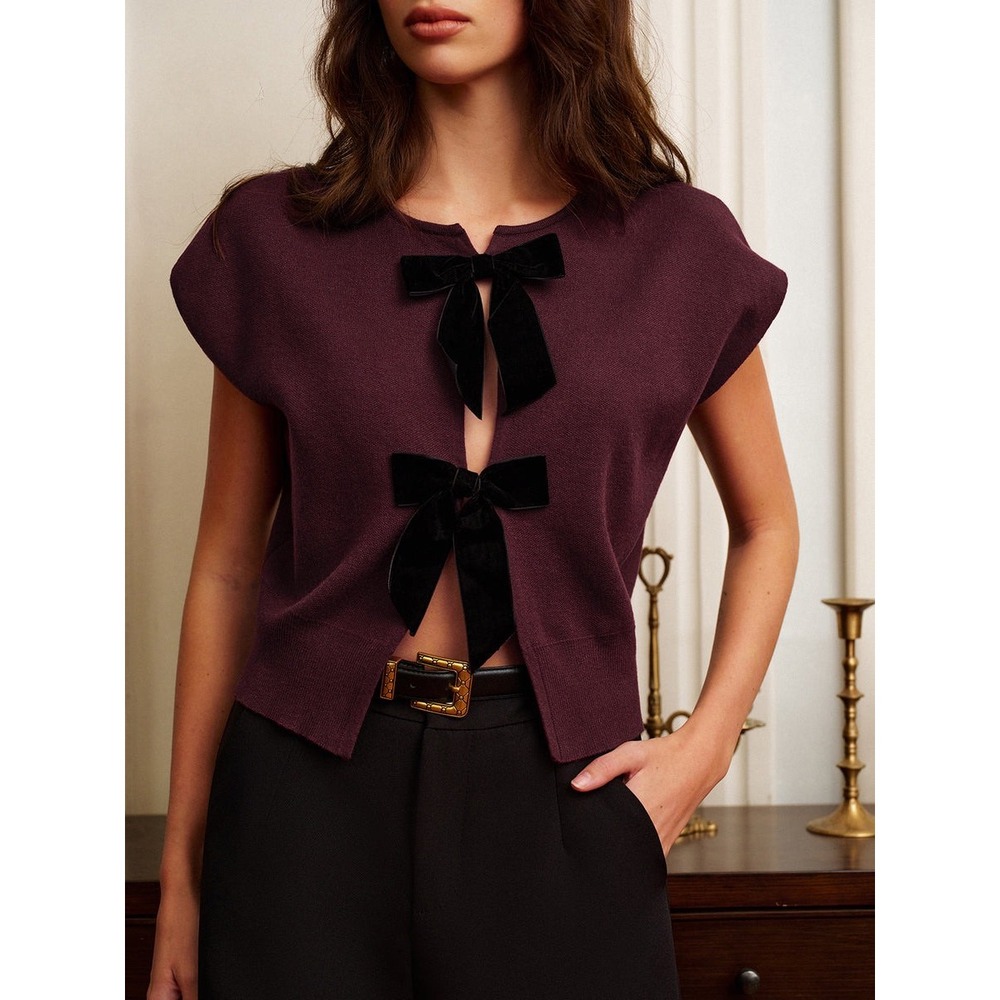 Commense‎ Bow-Decor Split Sweater Vest Burgundy Cropped Short Sleeve Blouse M - Picture 3 of 6
